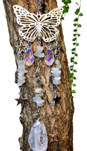 Atrapasoles de cristal de mariposa con piedra natural y abalorios, prisma de ventana colgante para reflejo de luz y decoración de jardín (luz de luna blanca)