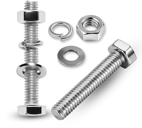 Nasxkji M10-skruvar, muttrar, set 5 st. maskinskruvar, M10 x 70 mm, skruvar med muttrar, brickor, fjäderringar, rostfritt stål, A2 V2A, sexkantsskruvar, set för maskintillverkning, metallanslutningar