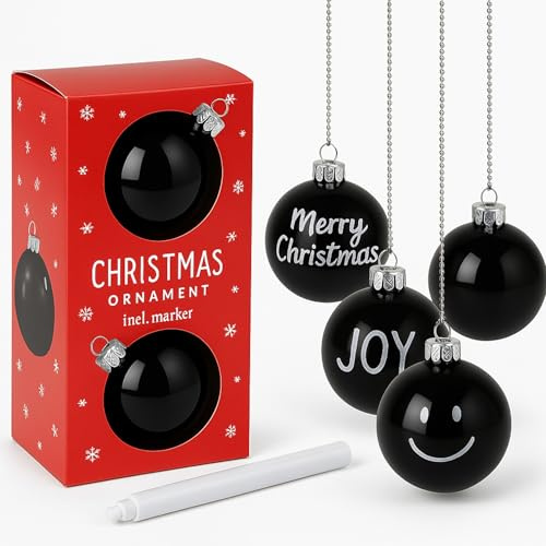 MIJOMA 6er Set Weihnachtskugeln Schwarz Ø 6 cm inkl. 3 weißen Markern – Personalisierbarer Christbaumschmuck aus Kunststoff zum Beschriften – DIY-Deko für Weihnachten