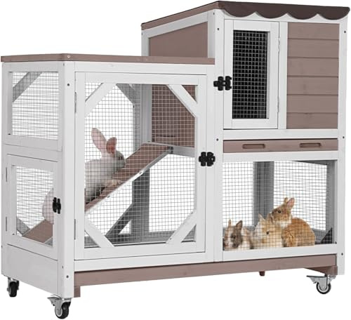 Aivituvin Hasenstall, Kaninchenstall für drinnen und draußen, auf Rädern, 2-stöckig, Holz, Meerschweinchenkäfige mit 2 tieferen herausziehbaren Tabletts (Braun-L)
