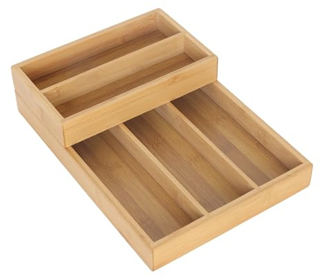 Relaxdays Portaposate bambù, Set 2 pz, 6 Scomparti impilabili, Inserto cassetto salvaspazio, Naturale, Fibra di Legno, 7 x 21 x 30 cm