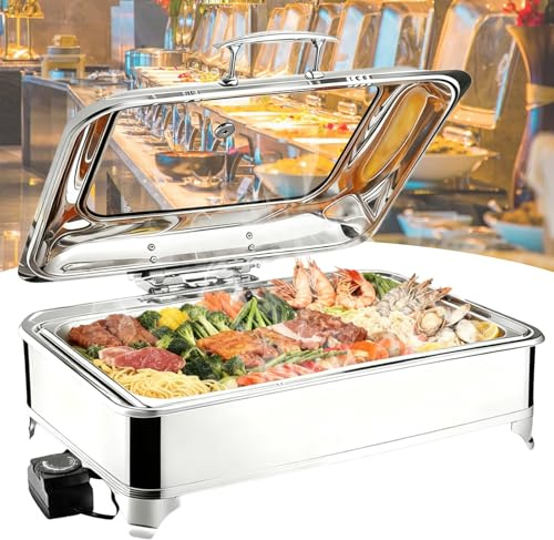 VFDZ Chafing Dish Elettrico, 9L Professionale Scaldavivande Buffet Elettrico Acciaio Inox, Contenitore Scalda Cibo Temperatura Regolabile per Buffet, Ristoranti, Hotel(FULL PAN)