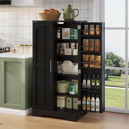 ECLIVON Küchenschrank Hoch 120,5 mit LED-Sensorleuchte, Hochschränk Vorratsschrank mit 2 Türen und Verstellbaren Regal für Wohnzimmer, Küchenbuffet Buffetschrank für Küche Esszimmer (Schwarz)