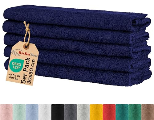 BaSaTex Gästehandtuch Frottee, 5er Pack, 30x50cm, Navy Blau | 100% Baumwolle-Frottee, Öko-Tex Made in Green Zertifiziert, Aufhängeschlaufe, 400gm², saugstark und langlebig