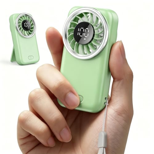 Otlonpe Mini Fan Handheld, Portable Pocket Fan USB Rechargeable, LED Display, 3-Speed, Slim and Lightweight, Folding Stand, Small Personal Hand Held Fans Summer Travel Essentials (Green)