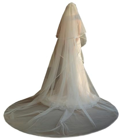 Velo Da Sposa Da Cattedrale A 2 Strati Da 300 Cm Con Bordo In Nastro Di Raso – Elegante Accessorio Da Sposa In Tulle Bianco for Le Spose