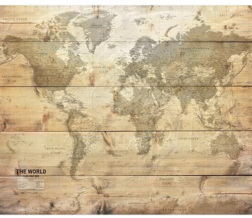 decomonkey Fototapete selbstklebend Weltkarte Holz 343x256 cm XL Selbstklebende Tapeten Wand Fototapeten Tapete Wandtapete klebend Klebefolie Landkarte Vintage Holzwand