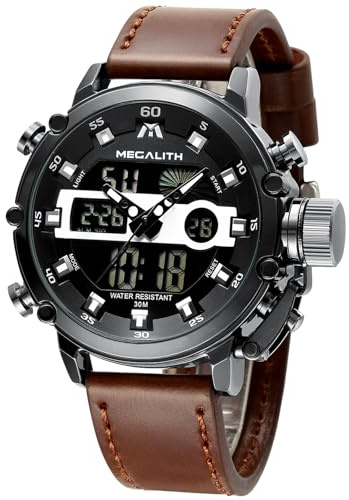 MEGALITH Reloj Hombre Digital Militar: Deportivo Esfera Grande Reloj de Pulsera con Correa de Cuero Marrón - Cronómetro LED Alarma Impermeable para Correr Outdoor