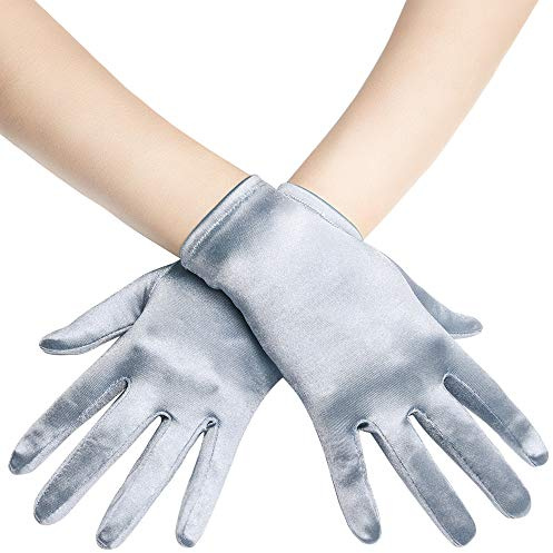 BABEYOND Kurze Satin-Handschuhe für Frauen – Seiden-Opern-Hochzeits-Braut-Handschuhe, Teeparty, Bankett, Kostüm, 1920er-Jahre, Flapper-Zubehör, silber, Einheitsgröße