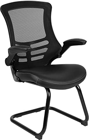 Flash Furniture Kelista Black Mesh Sled Base Side Reception Chair with White Stitched LeatherSoft Seat and Flip-Up Arms