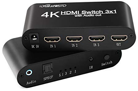3x1 HDMI Audio Switch,3 in 1 Out Matrix HDMI Video Switcher Splitter +Optical & 3.5mm Audio Output,Support Ultra HD 4K x 2K,3D 1080P,Audio Extractor with Power Adapter