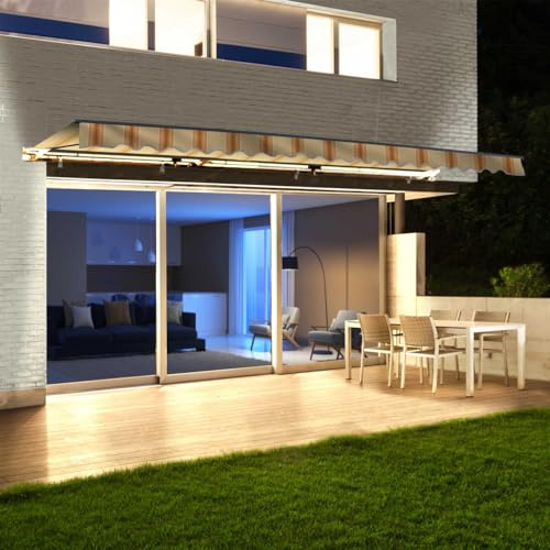 Aleko 20x10 Moroccan Style Semi-Cassette Motorized Patio Awning, Remote Control Electric & Manual Crank, LED Lights, UV-Protected Fabric Canopy Shade - Multi-Stripe Yellow