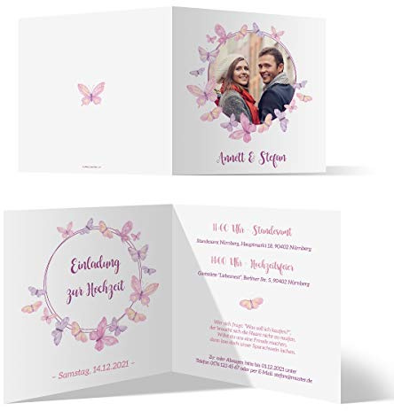 10 x Individuelle Hochzeitseinladungen quadratische Klappkarte Set mit Text und Foto selbst gestalten - Schmetterlinge