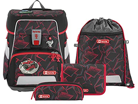 Step by Step Schulranzen-Set Space, Ninja Yuma, 5-teilig, schwarz-rot, Ninja-Design, ergonomischer Tornister mit Reflektoren, höhenverstellbar mit Hüftgurt, für die 1. bis 4. Klasse, 20L