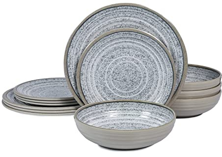 Gofunfun Juego de vajilla de melamina de 12 piezas, servicio para 4 platos y cuencos, apto para lavavajillas, estante superior, sin BPA, para uso diario, patrón de granito, gris