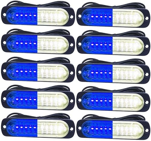 Luces LED estroboscópicas para automóvil,10LED Blanco/Azul Advertencia de emergencia Barra de luz estroboscópica intermitente para vehículos todoterreno, vehículos todo terreno (10PCS)