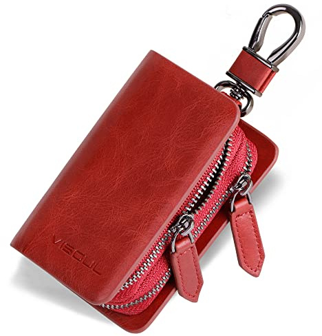 VISOUL Car Key Case Holder Double Zipper, Leather Car Smart Key Fob Case with Keychain for Men and Women-Burgundy