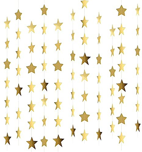 MIVAIUN 65 Piedi Glitter Dorato Stelle Ghirlanda, Glitter Paper Hanging Decoration, Carta Decorative Stella Carta Decor, Decoración para fiestas de cumpleaños y navidad,20m (Oro)