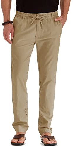 Sailwind Mens Linen Trousers Drawstring Causal Trousers for Men Mens Elasticated Waistband Breathable Pants (Khaki, 36)