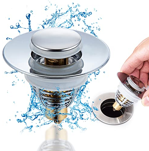 Relota Ø 34-38mm tappo lavandino bagno acciaio inox, Pop Up scarico lavandino universale antiodore con 2 guarnizioni silicone, tappi vasca da bagno con setaccio anti-intasamento, per lavabo appoggio
