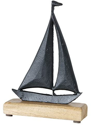 Spetebo Maritimer Deko Aufsteller Segelboot - 22 cm – Segelschiff aus Aluminium mit Mangoholz Fuß – Metall Boot Tischdeko Ständer Schiff auf Holz Standfuß