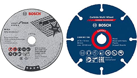 Bosch Accessories 5 disques à tronçonner Expert for Inox (pour acier inoxydable, 76 x 10 x 1 mm) & Bosch Professional 1x Disque à tronçonner Expert Carbide Multi Wheel (pour Bois dur, Ø 76 mm)