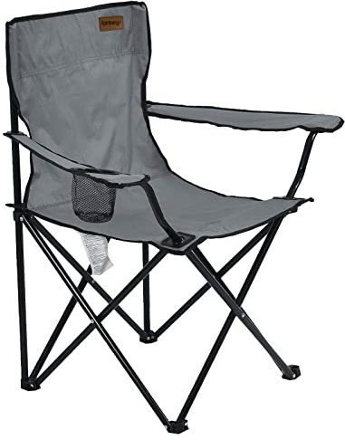 Rainberg Folding Camping Chairs, Comfortable Heavy Duty Structure, Extra Wide Garden Chair with Hard Armrest, Foldable Fishing Chair Outdoor Fold up, Cup Holder with Carry Bag. (Pack of 1, Grey)