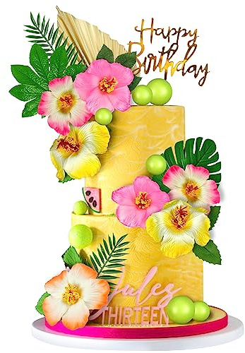 25 PCS Flower Cake Topper Hawaiian Cake Decorations with Palm Leaves Hibiscus Flowers Balls for Hawaii Aloha Jungle Summer Theme Wedding Birthday (Multicolour)