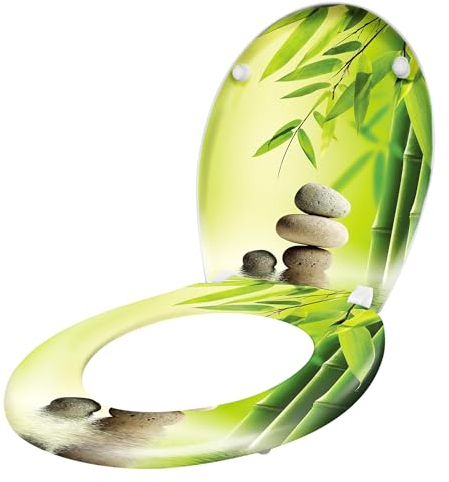 ACXIN WC Sitz mit Absenkautomatik Klodeckel mit Absenkautomatik aus Duroplast und Edelstahl, Antibakteriell, Leicht zu Reinigen, Abnehmbar (Bambus und Steinkunst)