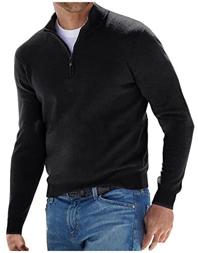 PODOLIXIA Maglione da uomo Troyer, maglia fine, con colletto alto e chiusura lampo, slim fit, lavorato a maglia, Z1 nero., XXXXL