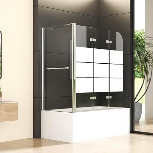 Duschwand für Badewanne mit Seitenwand 75x120x140cm 3-teilig Faltbar, Gestreift Glas Duschabtrennung Badewannenaufsatz Duschtrennwand aus 6mm Sicherheitsglas, Seitenwand mit Handtuchhalter