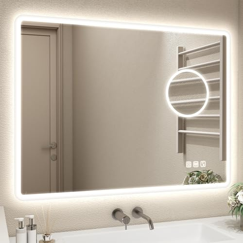 STARLEAD Badrumsspegel med belysning, 60 x 80 cm, LED-spegel med 5 x förstoringsglas, bluetooth, dimbar, 3 ljusfärger, anti-dimma, IP44, minnesfunktion, 5X, härdat glas, vertikal/horisontell
