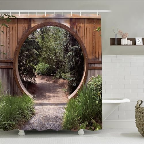 Simpomsy Japanese Shower Curtain Outdoor, Shower Curtain for Garden Decoration, Circle Rustic Doorway Gate Scenery Waterproof Bathroom Curtain with 12 Hooks 200x180cm