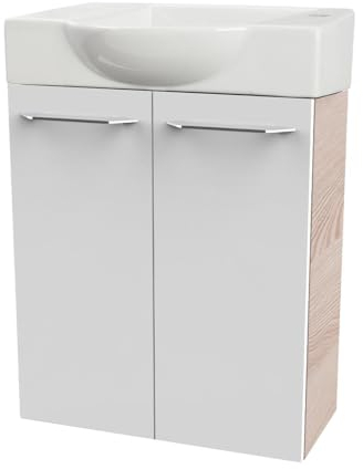 FACKELMANN B.CLEVER Gäste-WC Set 2 Teile – Waschtischunterschrank in Weiß mit Holz Braun mit Waschbecken aus Keramik – SBC Waschbeckenunterschrank schmal – 2 Türen – Hahnloch rechts – 55 cm breit