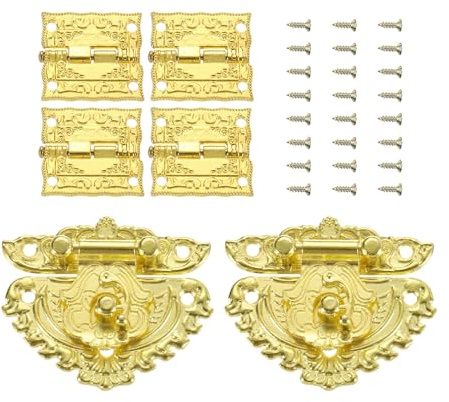 sourcing map 2pcs Retro Gold Alloy Latch Locks and 4pcs Engraved Hinges, 54 x 47mm Latch Buckle and Pattern Hinge with 24pcs Screws for Decorative Cabinet Small Wooden Box