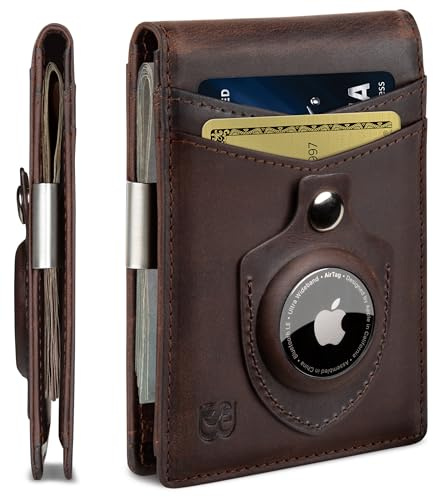 SERMAN BRANDS AirTag Wallet - RFID Blocking Mens Minimalist Money Clip Wallet for Airtag - Full Grain Leather - Slim Bifold. Front Pocket Apple Air tag Wallets for men. Gift (Texas Transformer Air)