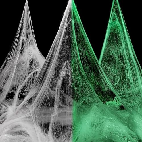 PRECORN leuchtendes Spinnennetz-Set mit 20 realistischen Spinnen – Gruselige Deko für Halloween, Fasching & Mottopartys innen und außen