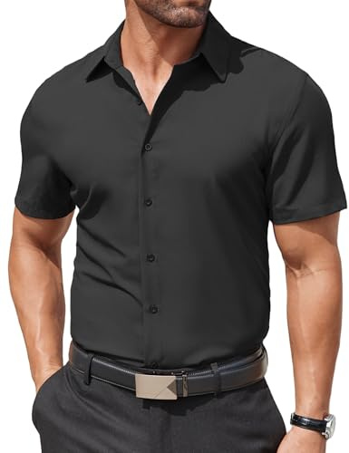 COOFANDY Camisa De Vestir De Manga Corta para Hombre Camisas Formales Lisas Camisas De Negocios EláSticas Camisas De Corte Regular con Botones Negro L