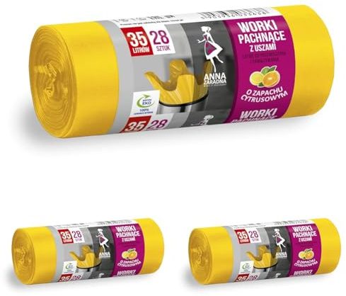 ANNA ZARADNA ST-AZ-033638 Müllbeutel mit Henkeln 35 l Stark | 28 Stück | Zitrusduft | Müllsack Mülltüte Abfallsäcke für Den Hausmüll Büro aus HDLD-Folie Hergestellt Farbe: Gelb (Packung mit 3)