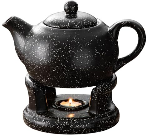 Yundu Gepunktetes Teekannen mit Stövchen Set, 1000ml/33.8oz Teekanne mit Aufguß für losen Tee, keramik teekanne mit siebeinsatz, Schwarzer Keramik Teekessel-Set mit Kerzenhalter