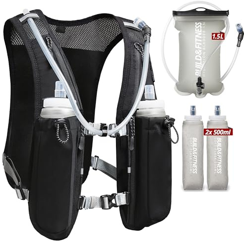 Gilet d'hydratation de course pour homme et femme - Réfléchissant - 8 poches - Séchage rapide - Imperméable - Respirant - Noir - Avec poche de 1,5 l + 2 sacs à dos réglables - Pour course à pied,