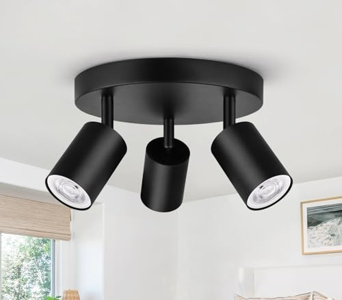 GeyouLux Plafonnier 3 Spots LED Orientable, Spots de Plafond GU10, Plafonnier Spot Noir, Luminaire Spot Rampe Spot, Applique Spot Rond pour Cuisine, Salon, Chambre (Sans Ampoule)