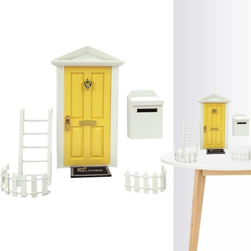 Ensemble de porte de fée miniature | Wood Door Decor - porte elfe pour mur, matériau durable, décorations miniatures pour chambre d'enfant, y compris échelle, clôture, boîte aux lettres, tapis de sol