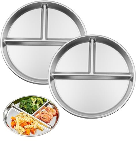 CATELL 2 Stück Edelstahl Kinderteller, Teller mit Unterteilung 23 cm Portionskontrollteller Edelstahl Teller Baby Bariatric mit Unterteilung Kleinkind Mittagstisch für Abendessen Partys Snacks