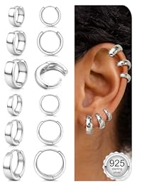 FANCH 6 Paires Créoles en Argent 925 pour Femmes 14K Plaqué Or Petite Chunky Créoles Hypoallergénique Boucles D'oreilles Cartilage Daith Helix Piercing Oreille 7/10/12mm Argent