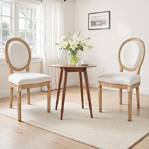 BonVache Cream Dining Chairs Set of 2, Upholstered Linen Vanity Chair with Oval Birch Backrest, Retro Kitchen Chairs with Carved Wood Legs for Living Room Dining Room