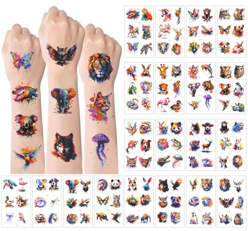 120 Stück Temporäre Tattoos für Kinder, 20 Blätter Tiere Kindertattoos Wasserfarben Tattoo Kinder Klebetattoos für Mädchen Junge Kindergeburtstag Party Deko