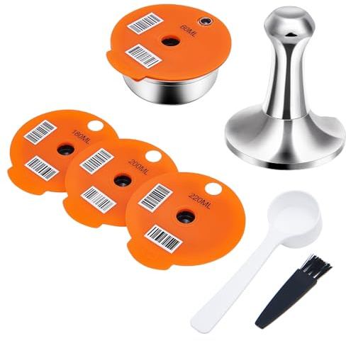 ANTREATU Reusable Coffee Pods with Coffee Tamper & 4 Silicone Lids (220mL/200mL/180mL/60mL) - Stainless Steel Coffee Pods Refillable Coffee Capsules Compatible with Tassimo Machines