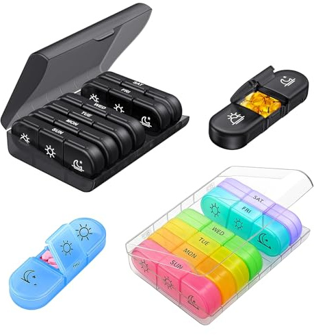 2 Stück Pillendose 7 Tage 3 Fächer, Tabletten Organizer, Tablettenbox 7 Tage Morgens Abends, Sicheres Material, Tragbar, Geeignet Zur Aufbewahrung Von Medikamenten, Vitaminen(Schwarz + Mehrfarbig)
