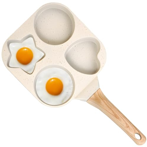 Nonstick 4 Egg Frying Pan, Heart Star Shaped Breakfast Skillet, Quick Heating Aluminum Cookware with Wooden Handle, Ideal for Family Breakfast